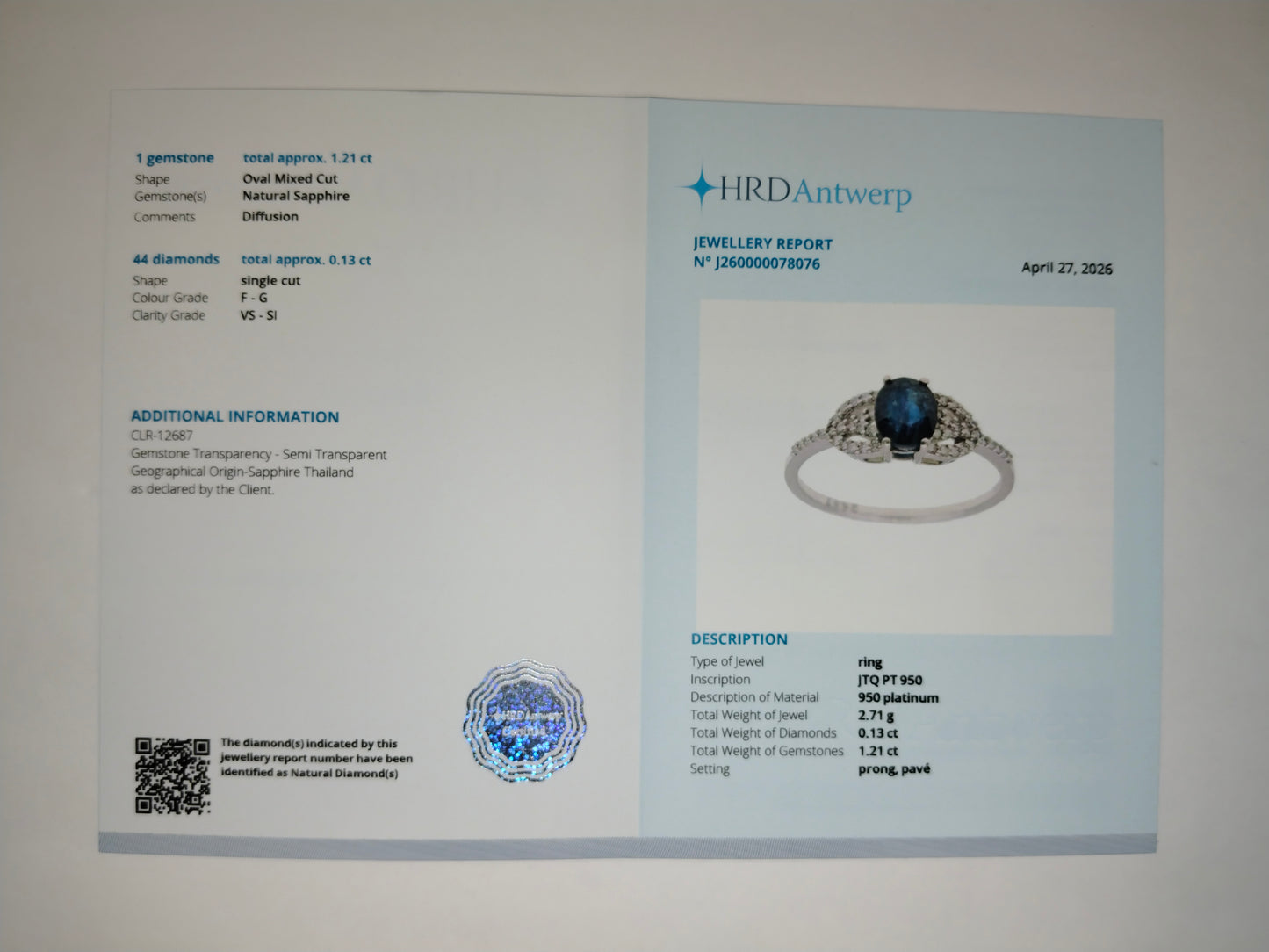 1.34 Ct Oval Mixed Cut Natural Sapphire 950 Platinum Ring