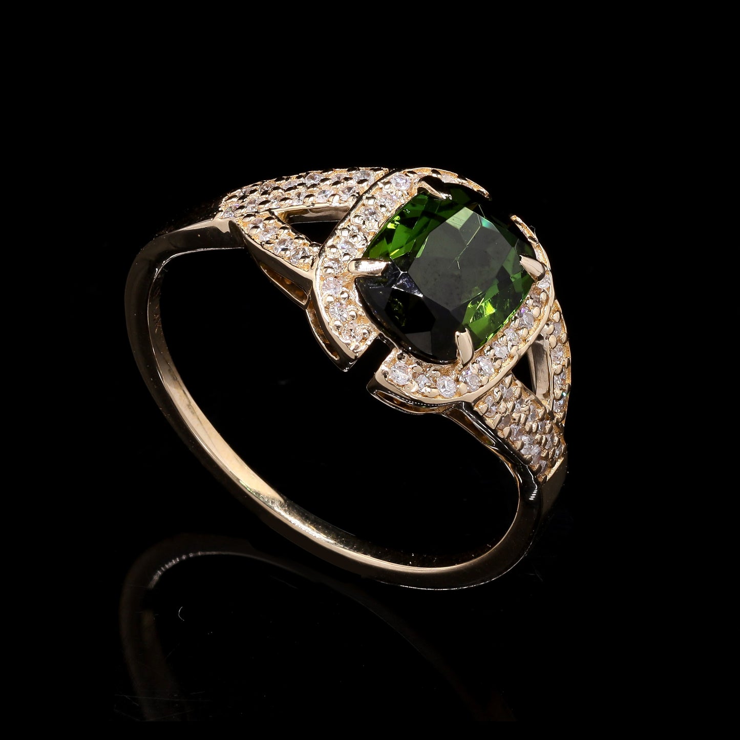 1.50 Ct Cushion Mixed Cut Natural Green Tourmaline 14K Gold Ring