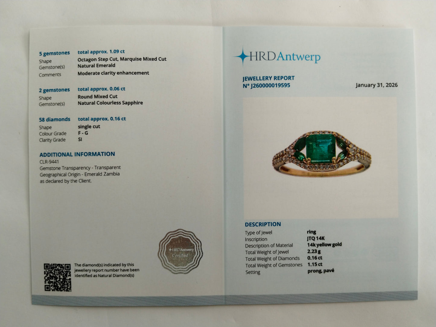 1.31 Ct Octagon Step Cut, Marquise Mixed Cut Natural Emerald 14K Gold Ring