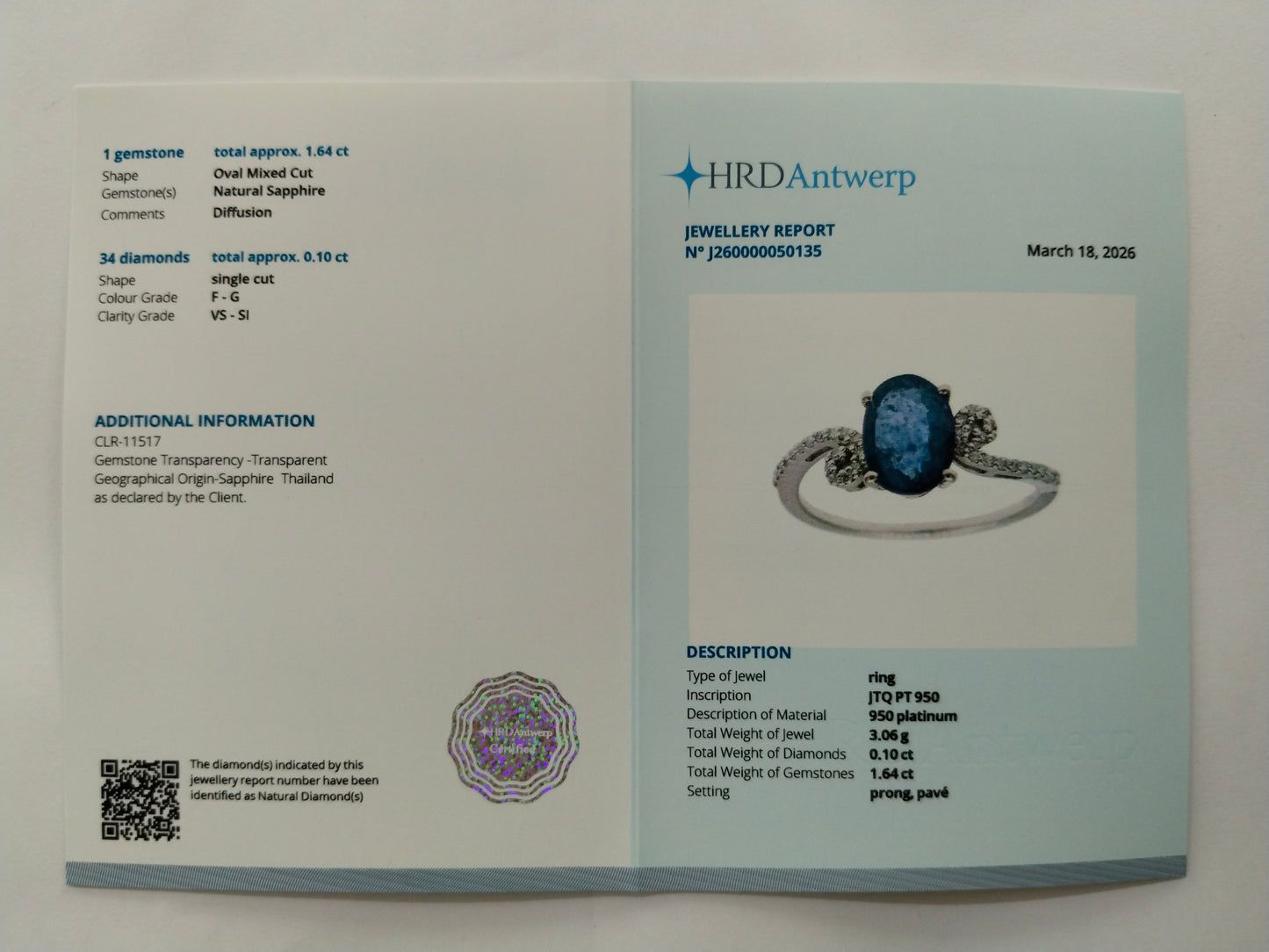 1.74 Ct Oval Mixed Cut Natural Sapphire 950 Platinum Ring