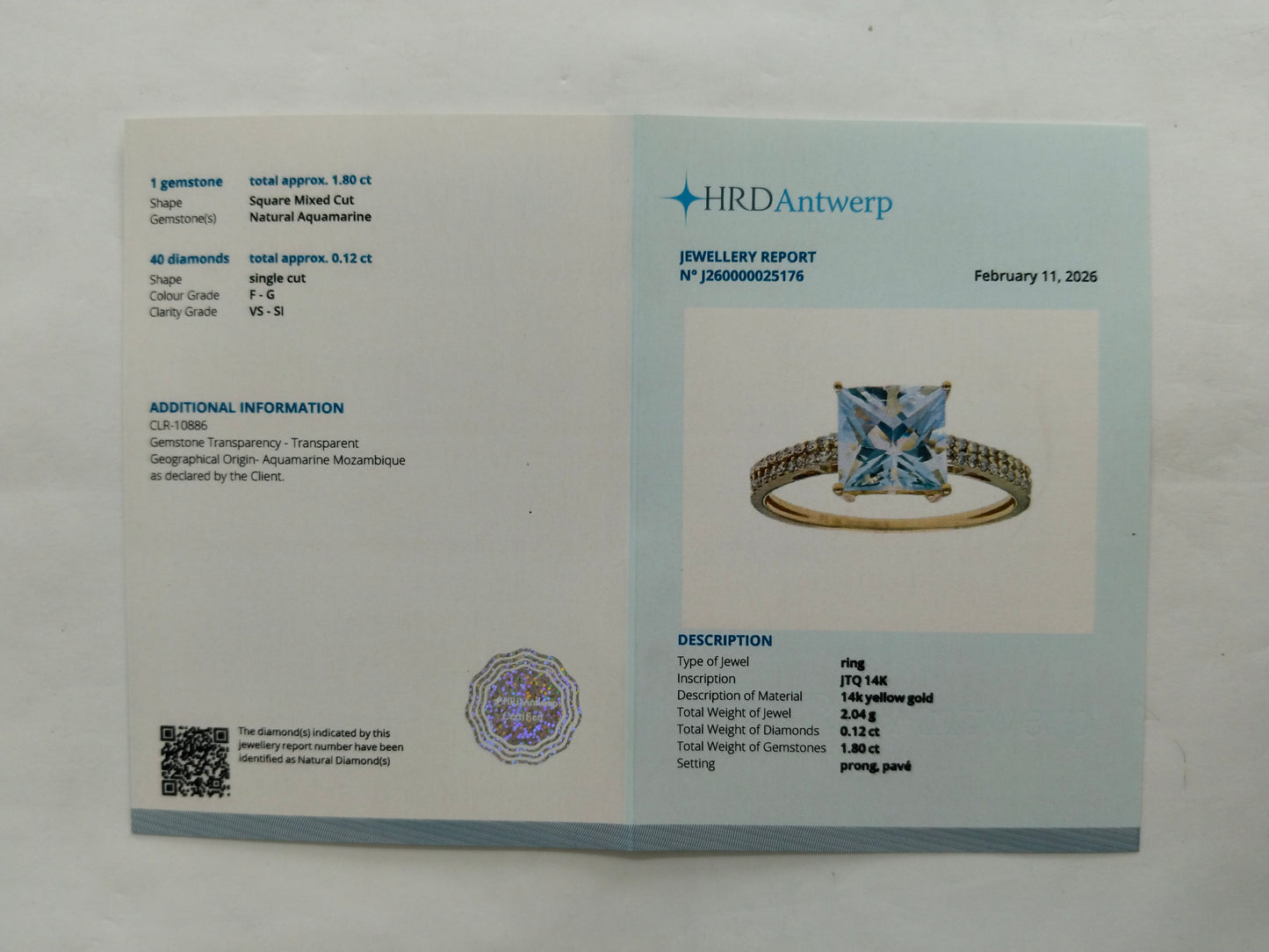 1.92 Ct Square Mixed Cut Natural Aquamarine 14K Gold Ring