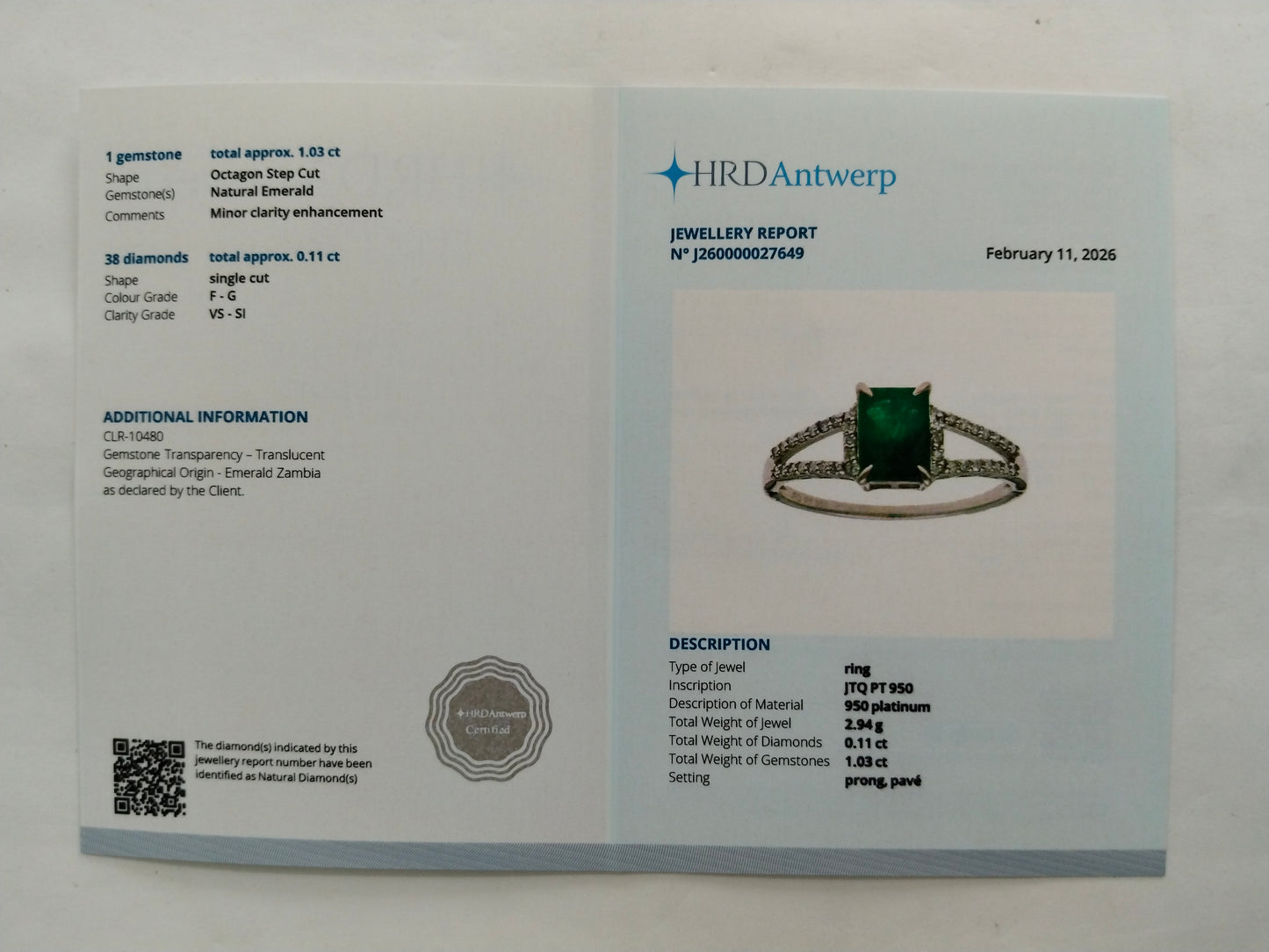 1.14 Ct Octagon Step Cut Natural Emerald 950 Platinum Ring