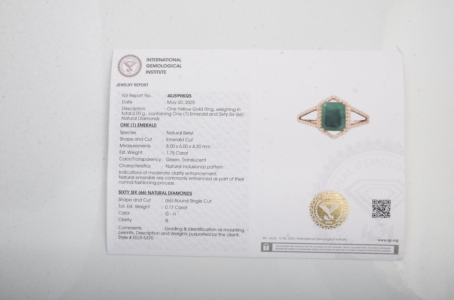 1.92 Ct Emerald Cut Natural Beryl Emerald 14K Gold Ring