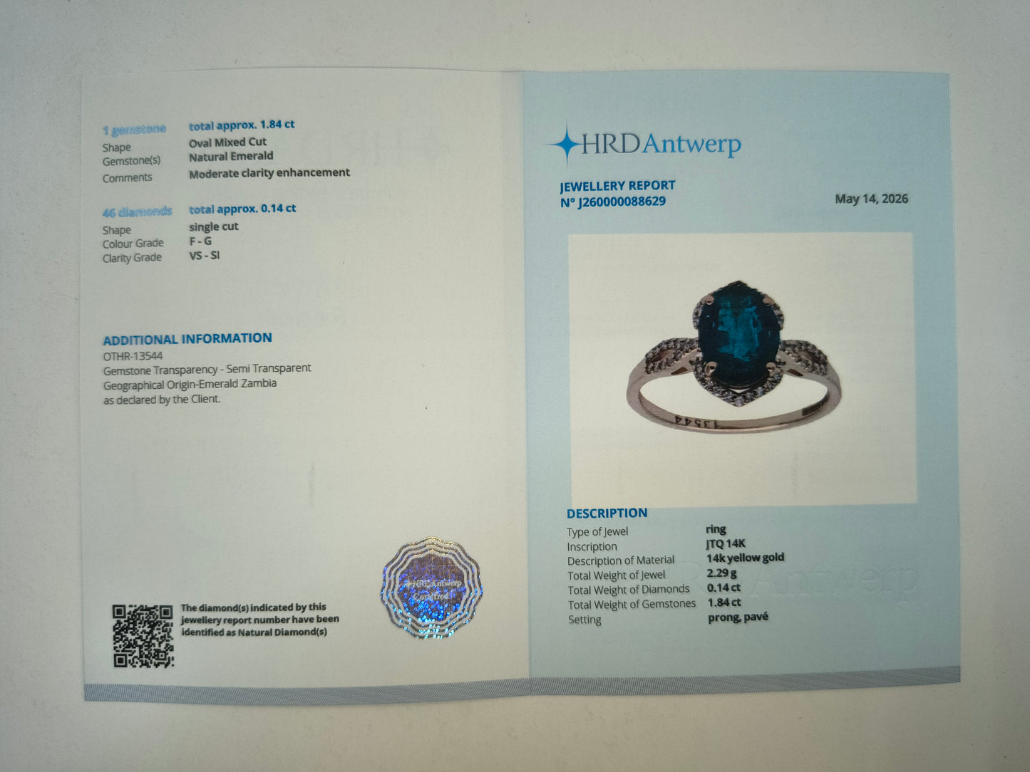 1.89 Ct Oval Mixed Cut Natural Emerald 14K Gold Ring