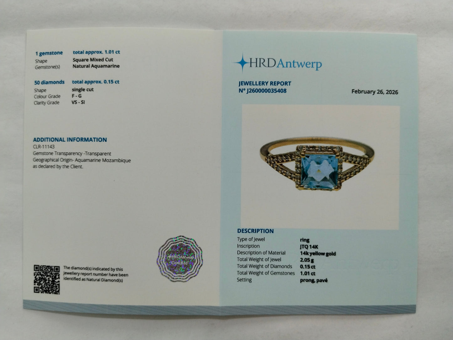 1.16 Ct Square Mixed Cut Natural Aquamarine 14K Gold Ring
