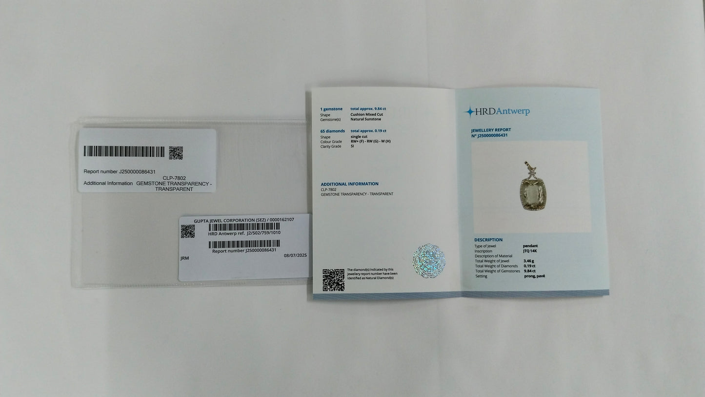 10.03 Ct Cushion Mixed Cut Natural Sunstone 14K Gold Pendant