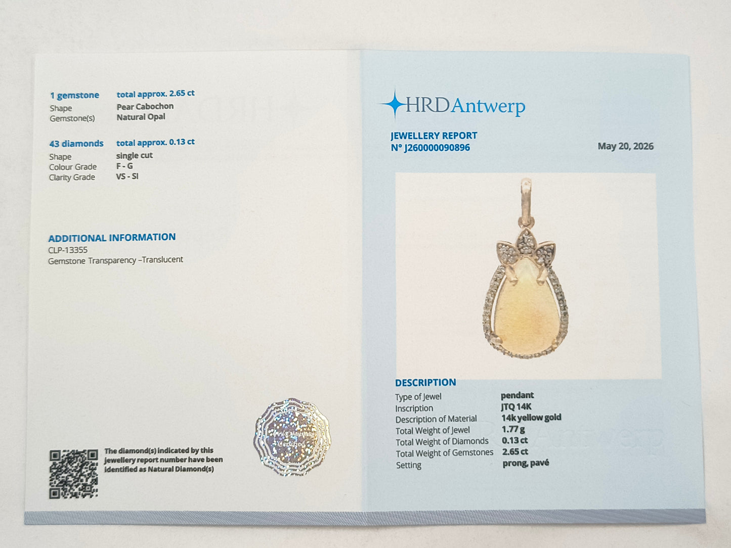 2.78 Ct Pear Opal 14K Gold Pendant
