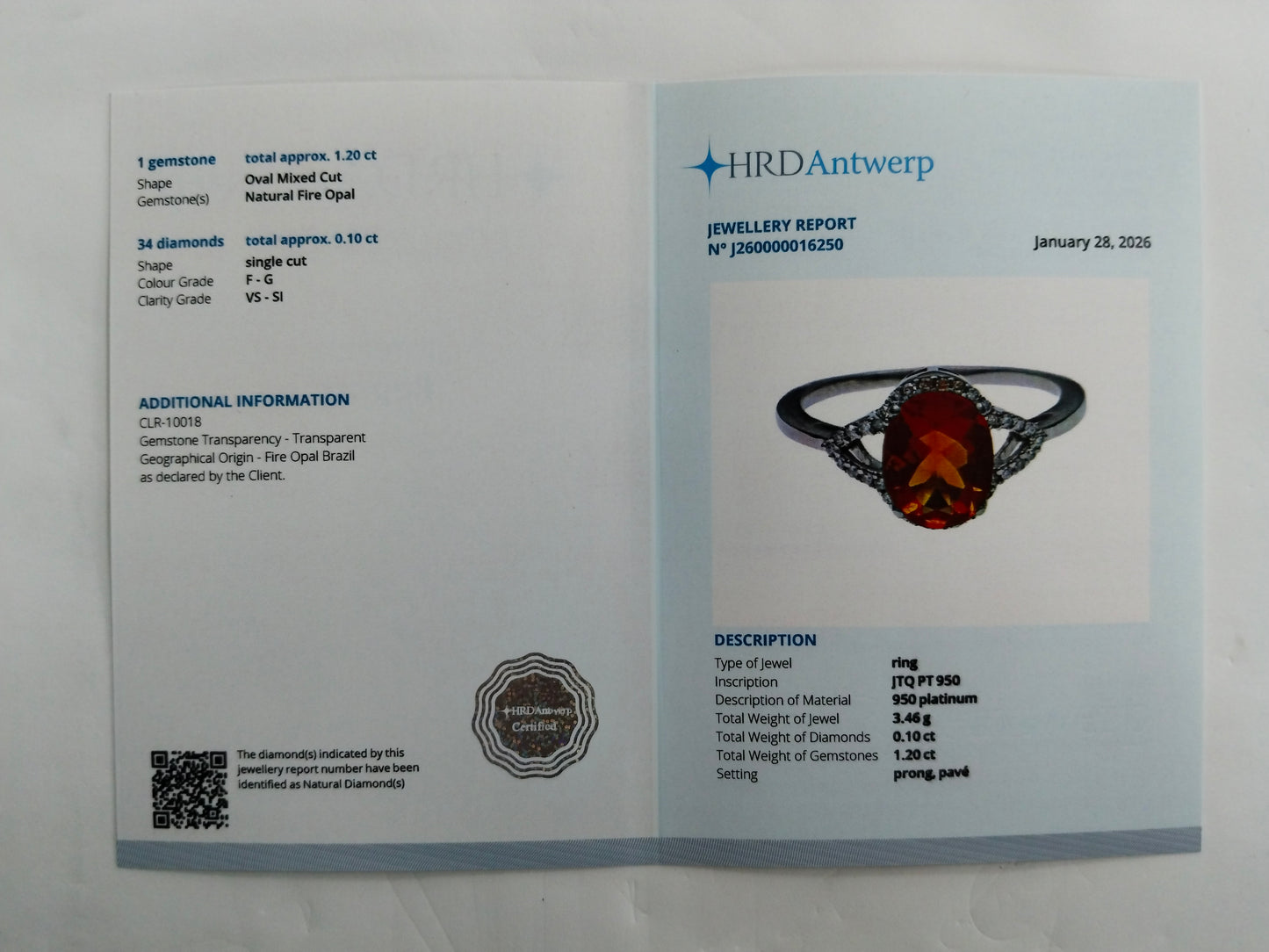 1.30 Ct Oval Mixed Cut Natural Fire Opal 950 Platinum Ring