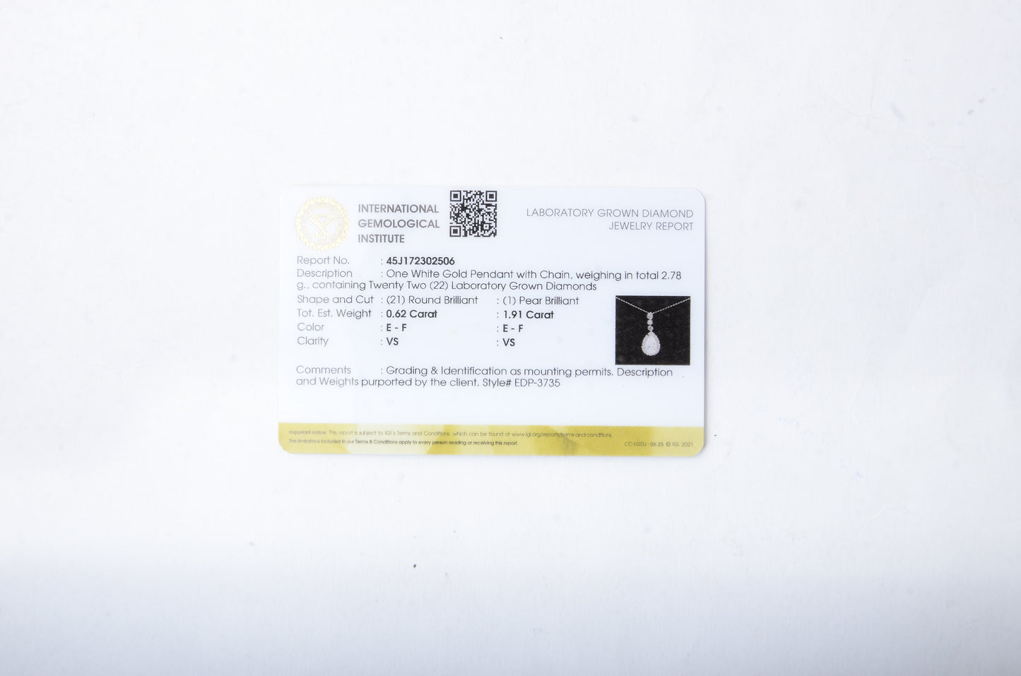 2.53 Carats Lab Grown Diamond 14K Gold Pendant