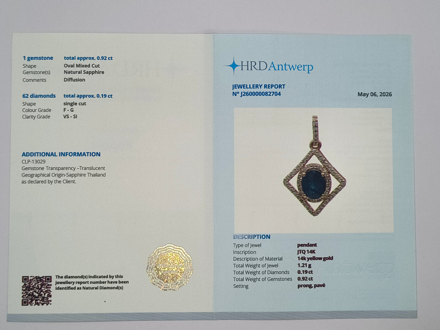 1.11 Ct Oval Mixed Cut Natural Sapphire 14K Gold Pendant