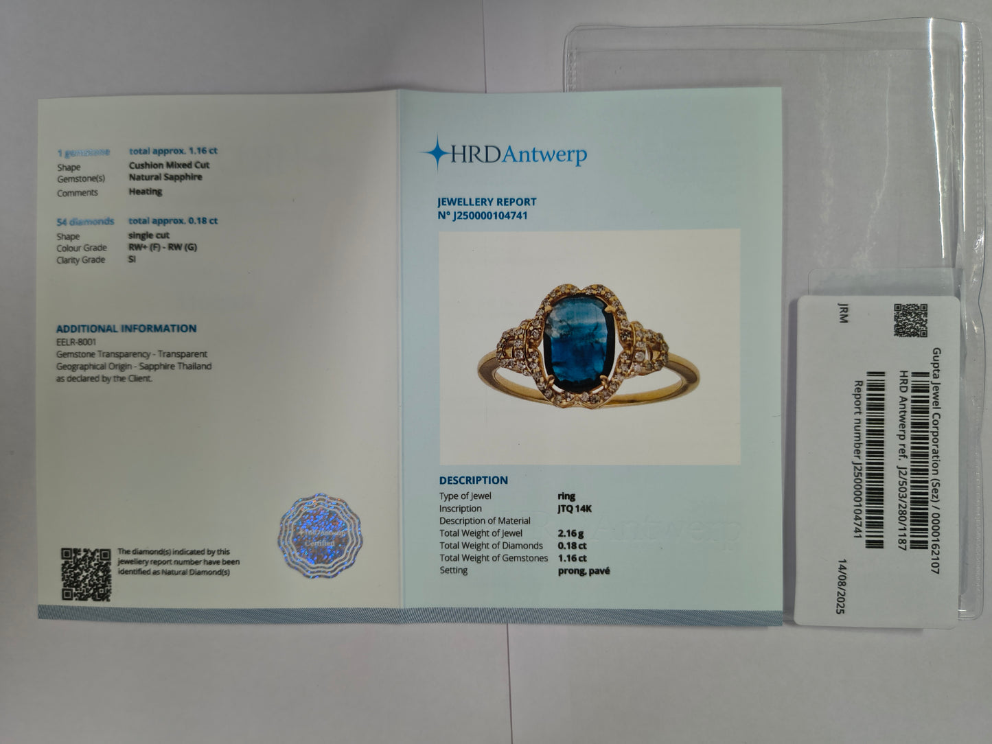 1.34 Ct Cushion Mixed Cut Natural Sapphire 14K Gold Ring