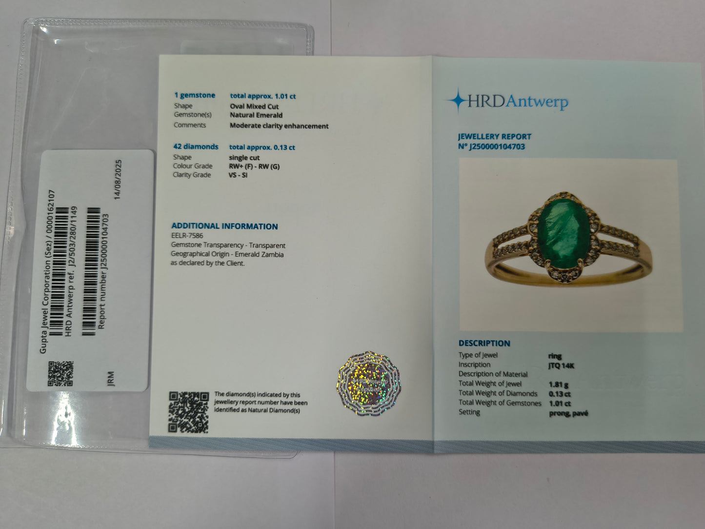 1.14 Ct Oval Mixed Cut Natural Emerald 14K Gold Ring