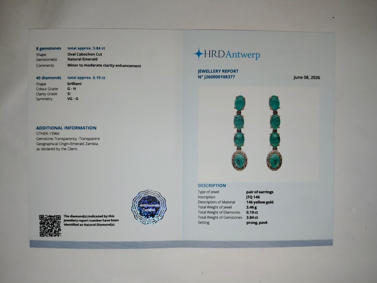 4.03 Ct Oval Cabochon Cut Natural Emerald 14K Gold Earrings
