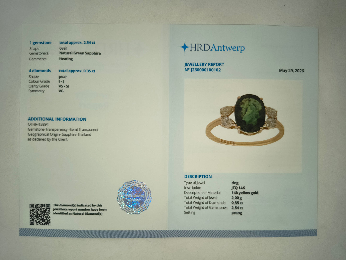 2.89 Ct Oval Mixed Cut Natural Green Sapphire 14K Gold Ring