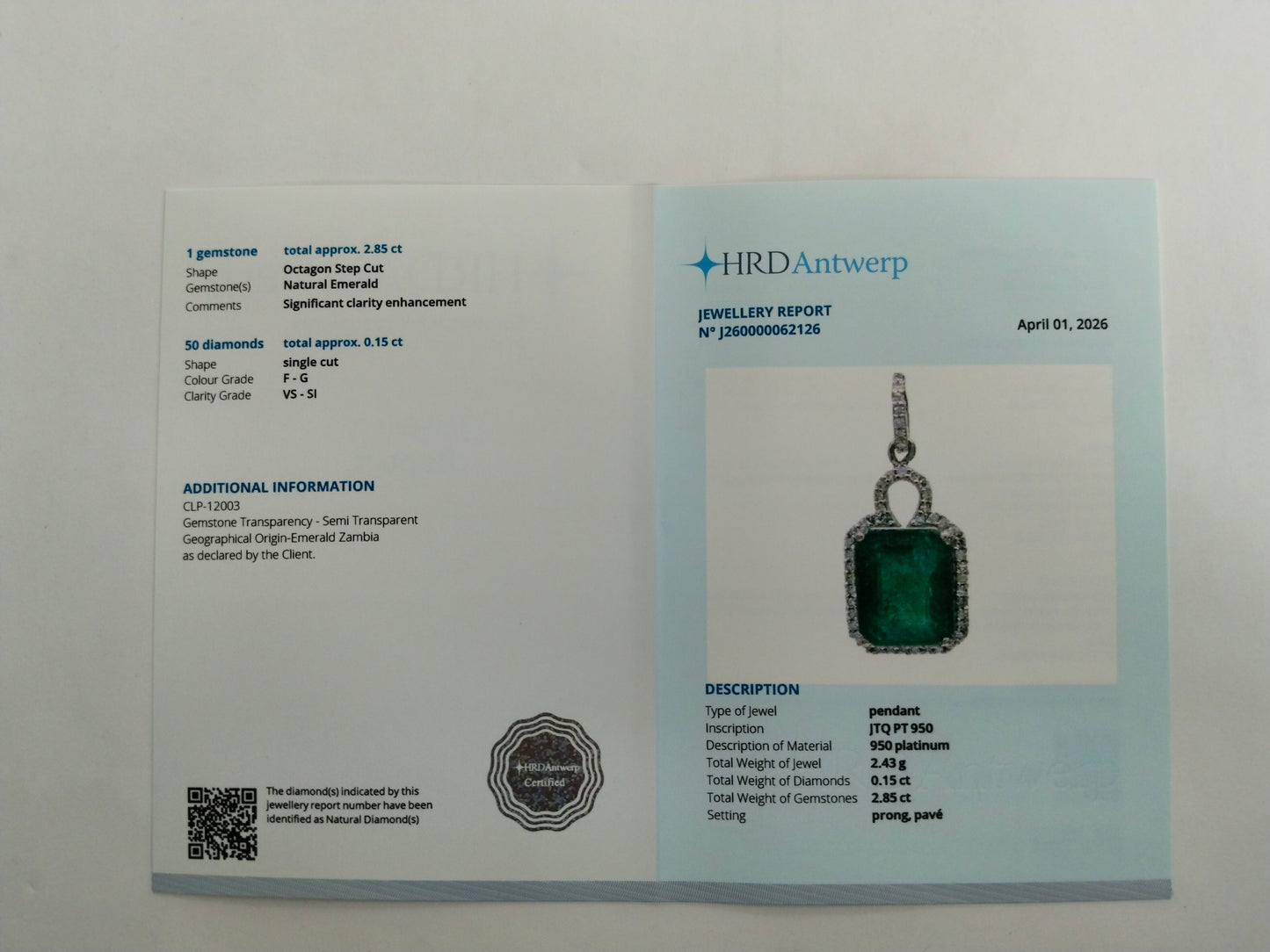 3.00 Ct Octagon Step Cut Natural Emerald 950 Platinum Pendant