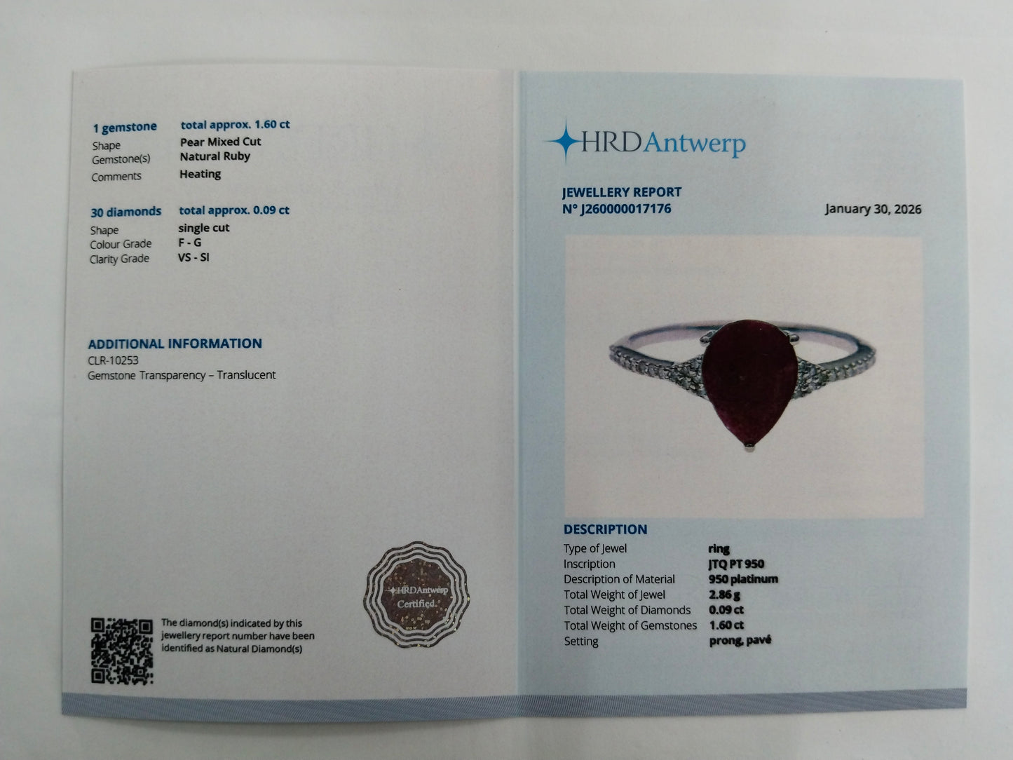 1.69 Ct Pear Mixed Cut Natural Ruby 950 Platinum Ring