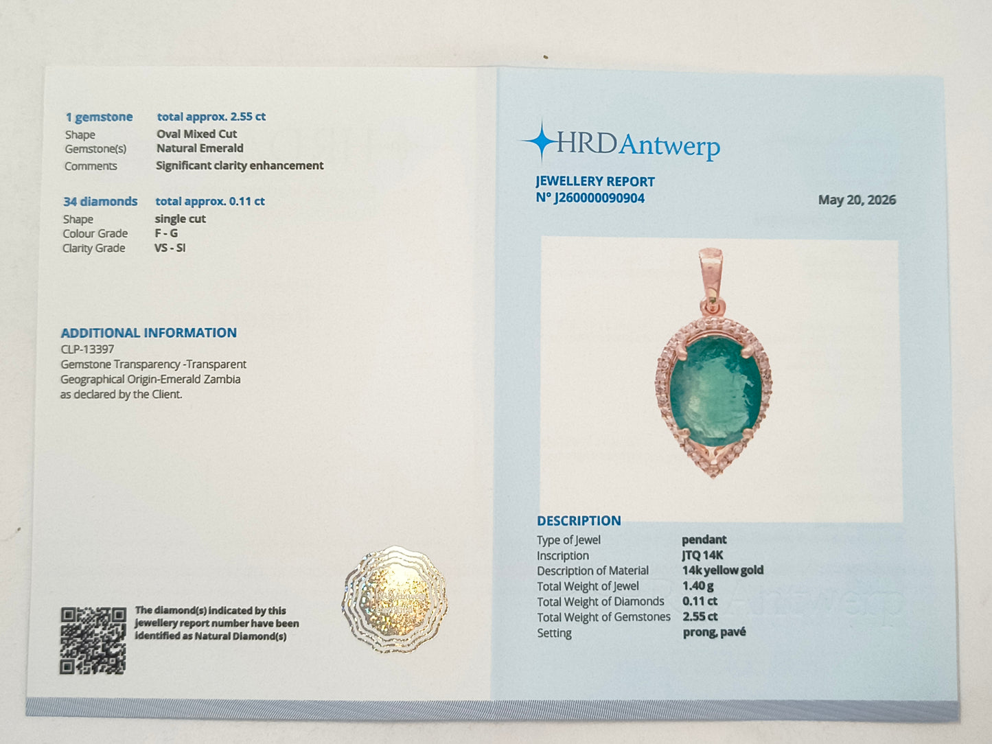 2.66 Ct Oval Emerald 14K Gold Pendant