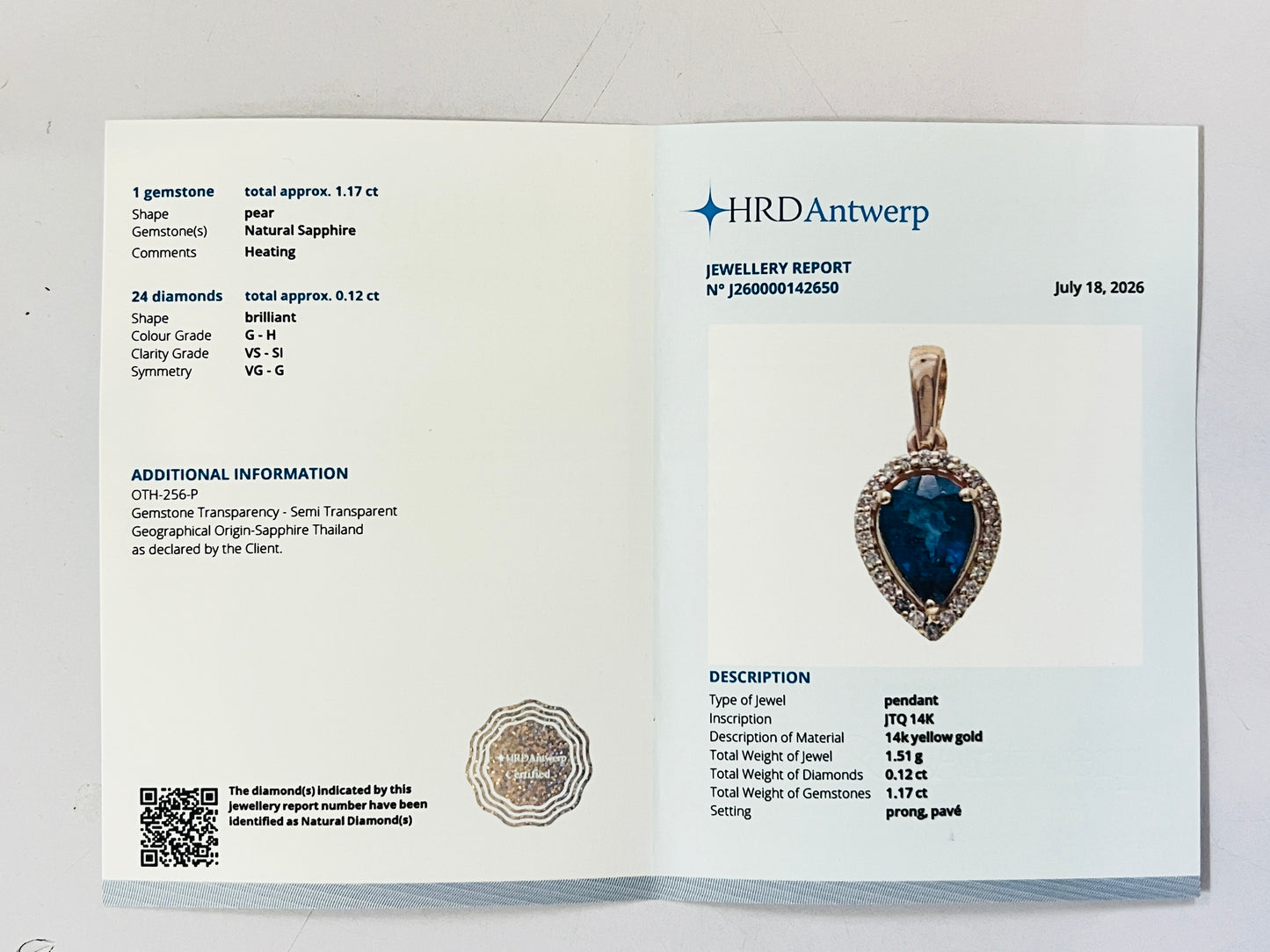 1.29 Ct Pear Natural Sapphire 14K Gold Pendant
