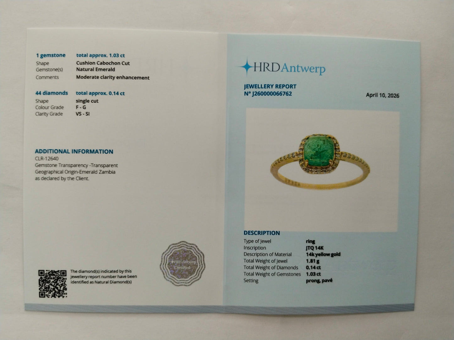 1.17 Ct Cushion Cabochon Natural Emerald 14K Gold Ring