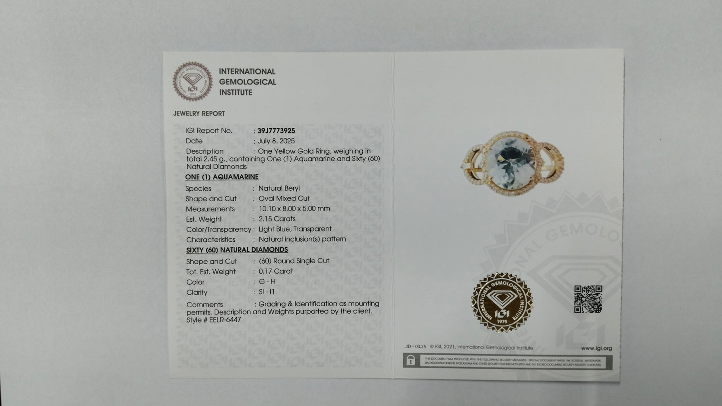 2.32 Ct Oval Mixed Cut Natural Beryl Aquamarine 14K Gold Ring