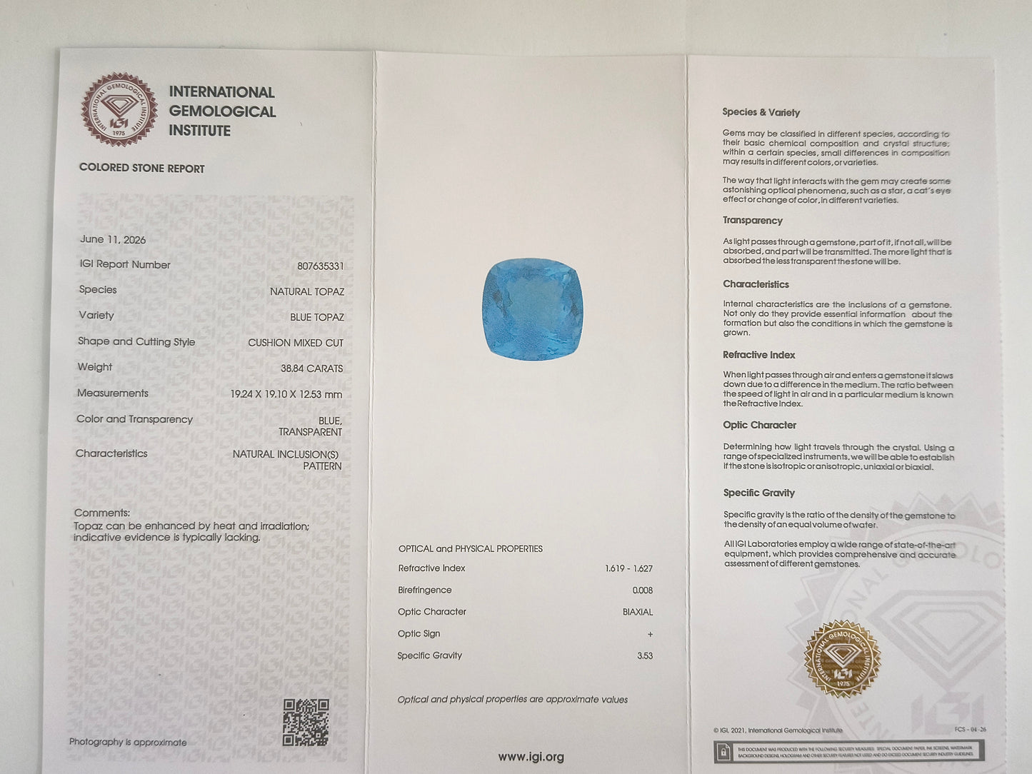 38.9 Natural Topaz Blue Topaz Cushion Mixed Cut Gemstone