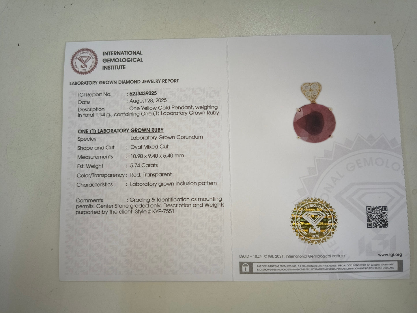 5.84 Ct Oval Mixed Cut Lab Grown Ruby 14K Gold Pendant