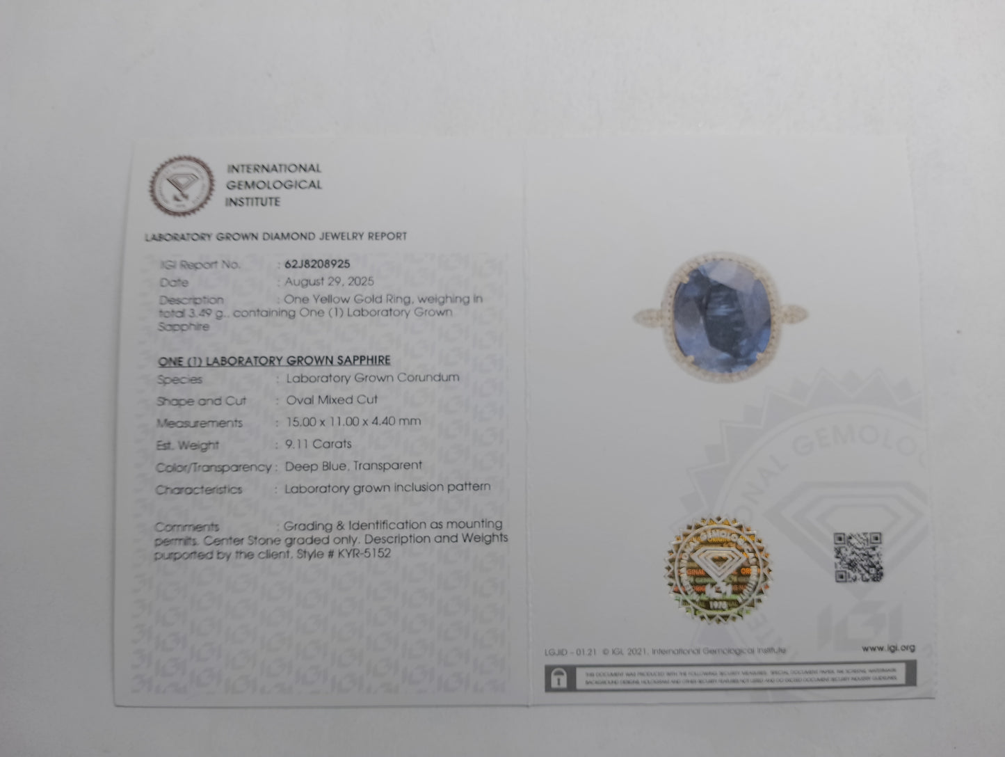 9.29 Ct Oval Mixed Cut Lab Grown Sapphire 14K Gold Ring