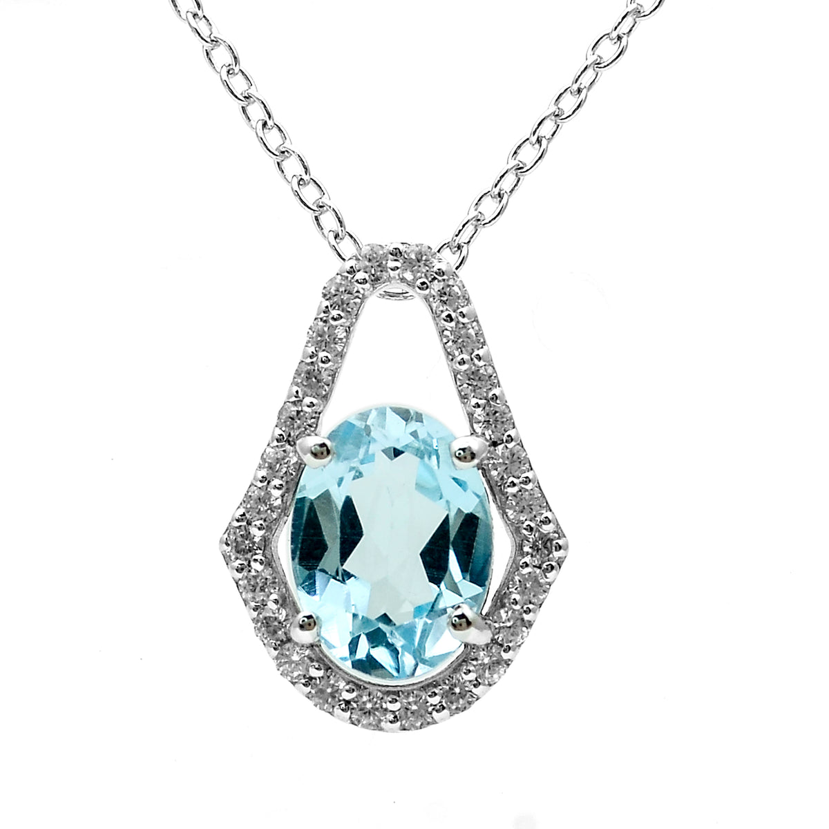 1.61 Ct Oval Blue Topaz, White Zircon 925 Sterling Silver Pendant