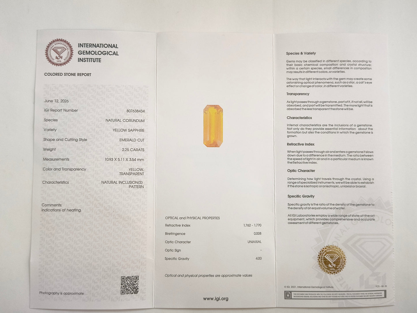 2.28 Natural Corundum Yellow Sapphire Emerald Cut Gemstone