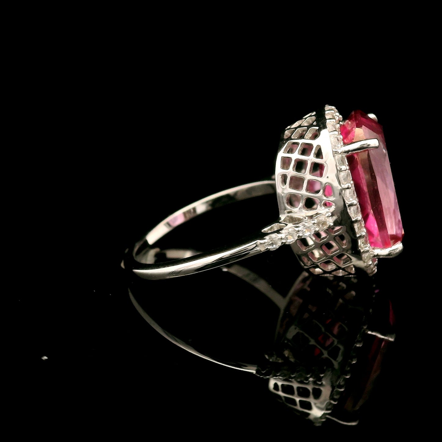 9.34 Ct Cushion Pink Topaz, White Zircon 925 Sterling Silver Ring