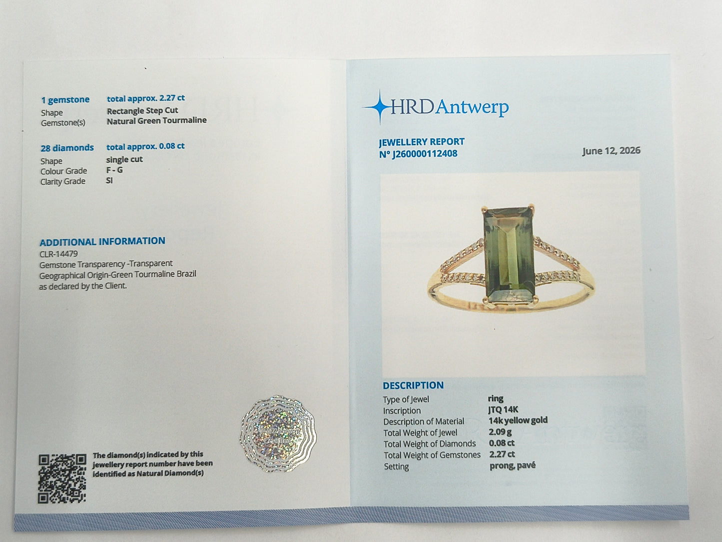 2.35 Ct Rectangle Step Cut Natural Green Tourmaline 14K Gold Ring