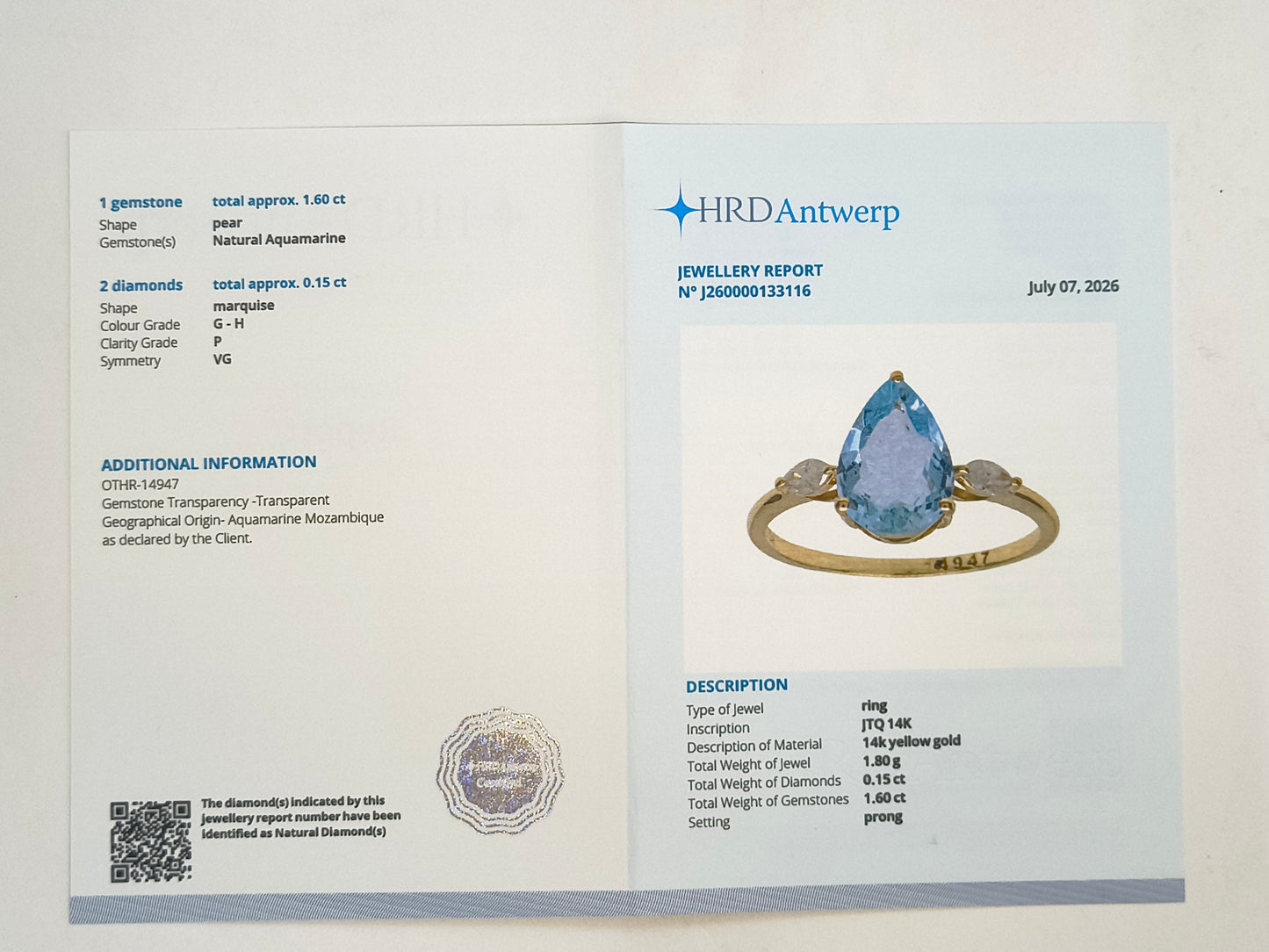 1.75 Ct Pear Natural Aquamarine 14K Gold Ring