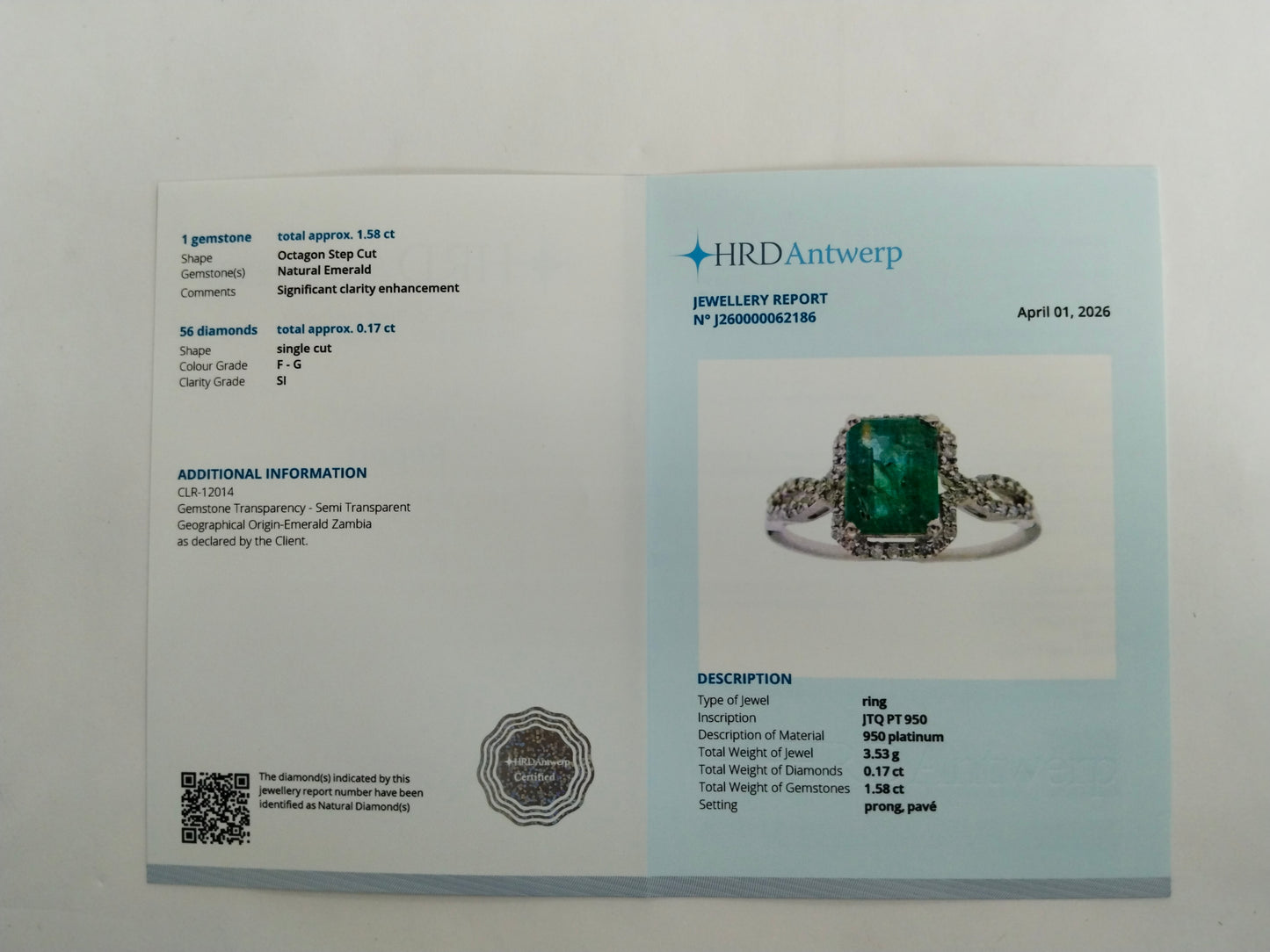 1.75 Ct Octagon Step Cut Natural Emerald 950 Platinum Ring
