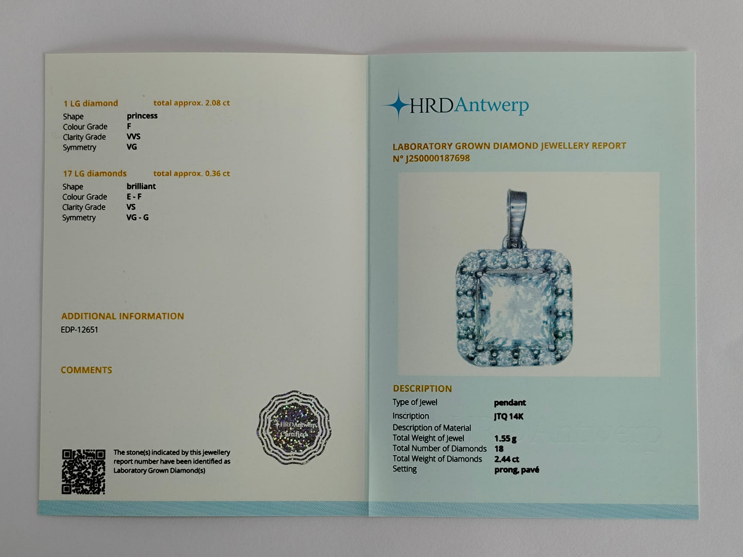 2.44 Carats Lab Grown Diamond 14K Gold Pendant