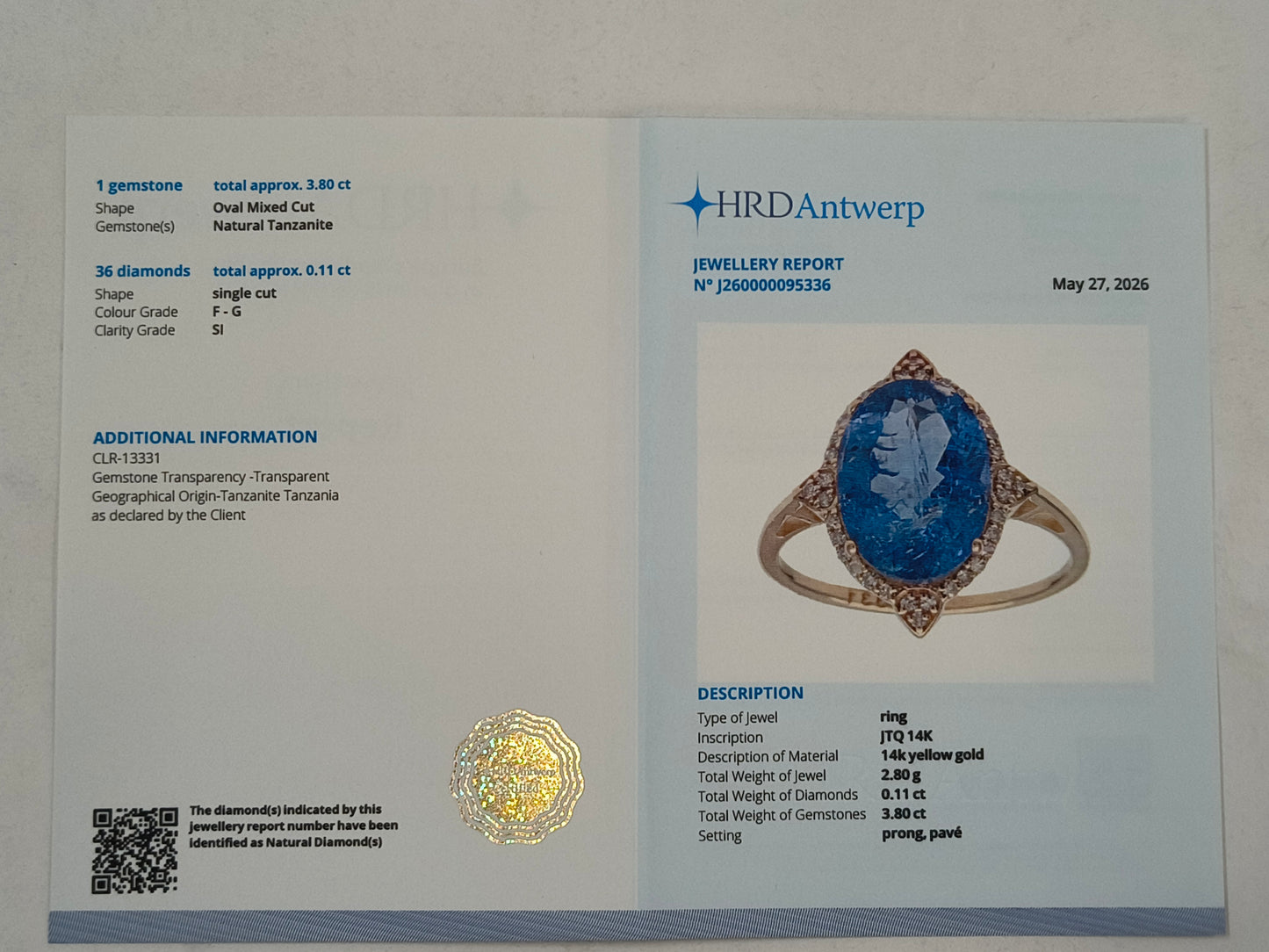 3.91 Ct Oval Mixed Cut Natural Tanzanite 14K Gold Ring