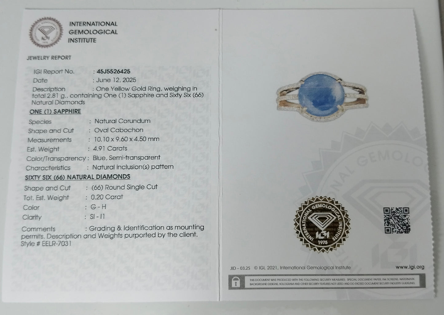 5.11 Ct Oval Cabochon Natural Corundum Sapphire 14K Gold Ring