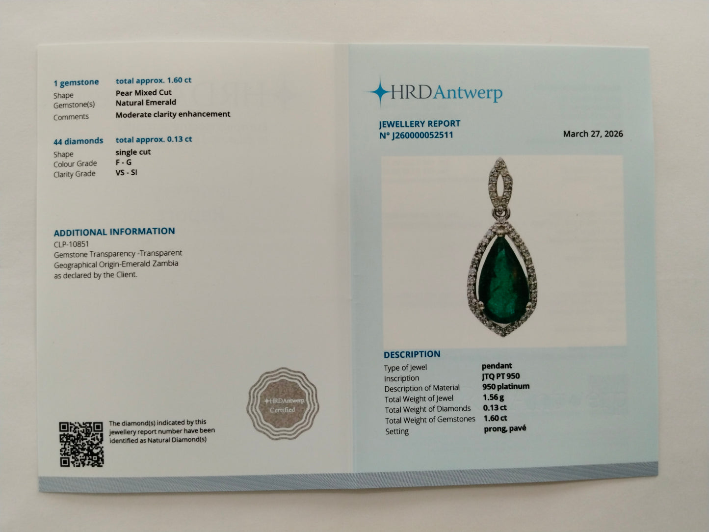 1.73 Ct Pear Mixed Cut Natural Emerald 950 Platinum Pendant