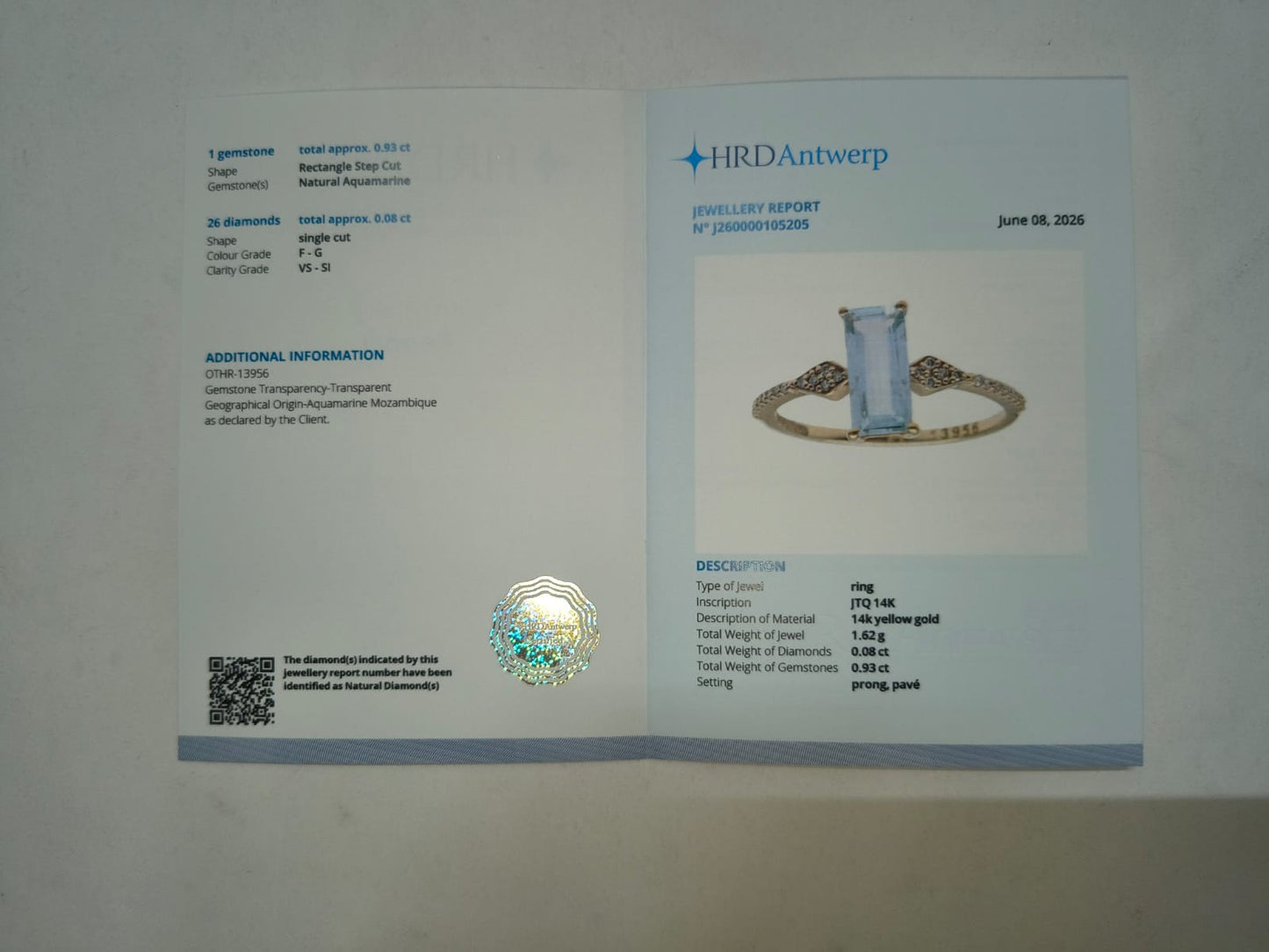 1.01 Ct Rectangle Step Cut Natural Aquamarine 14K Gold Ring