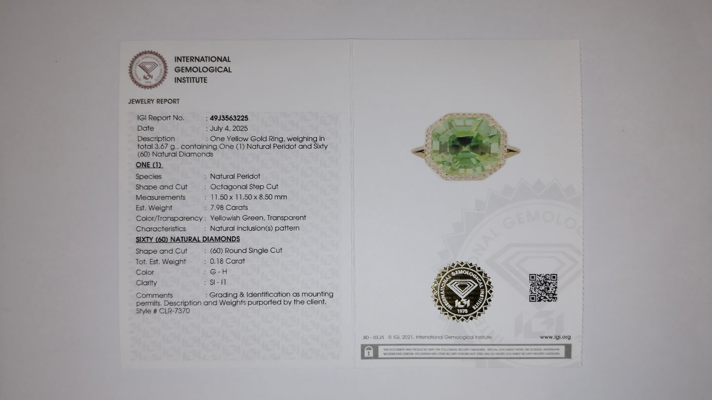 8.16 Ct Octagonal Step Ct Natural Peridot 14K Gold Ring