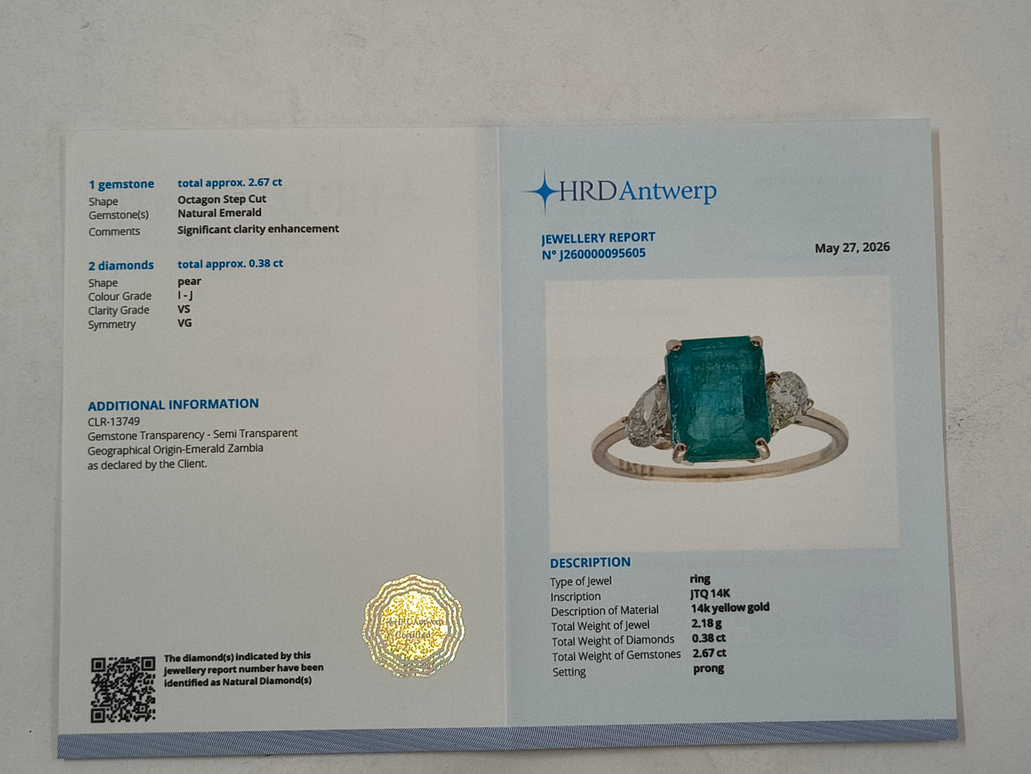 3.05 Ct Octagon Step Cut Natural Emerald 14K Gold Ring