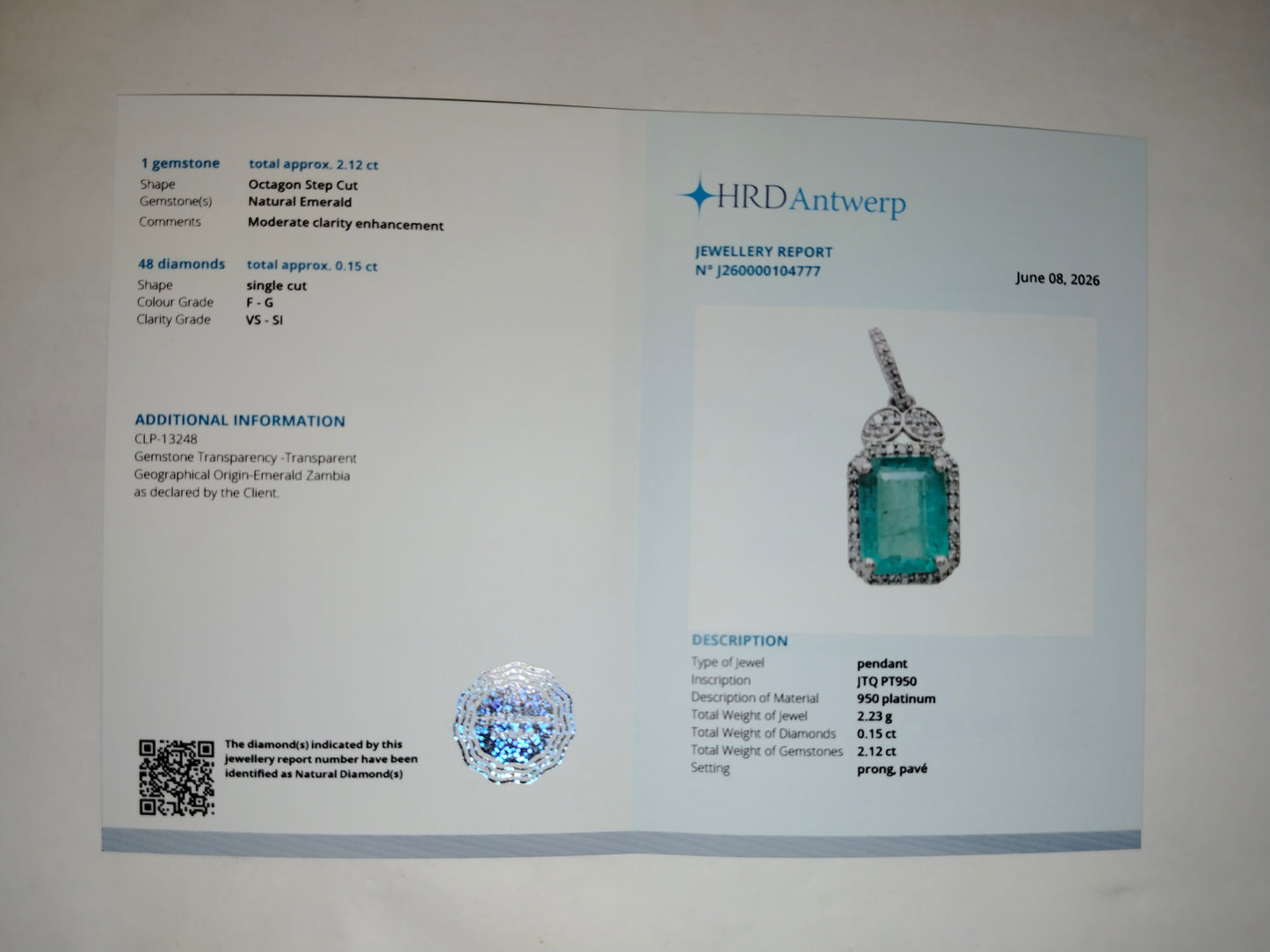 2.27 Ct Octagon Step Cut Natural Emerald 950 Platinum Pendant