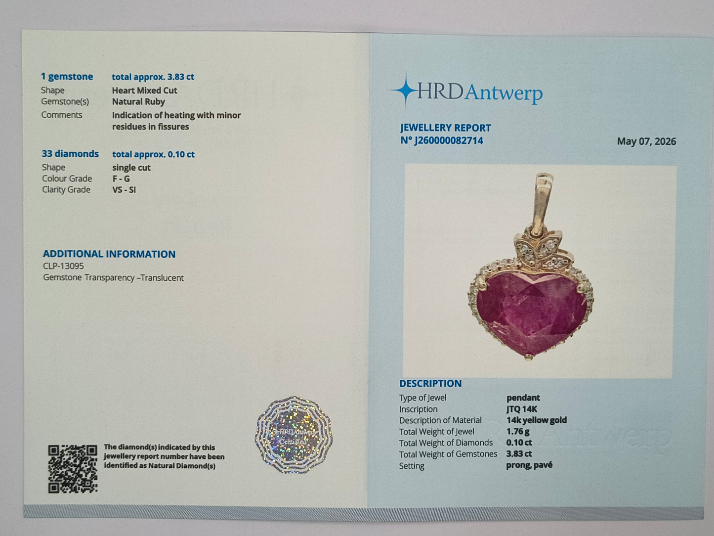 3.93 Ct Heart Mixed Cut Natural Ruby 14K Gold Pendant
