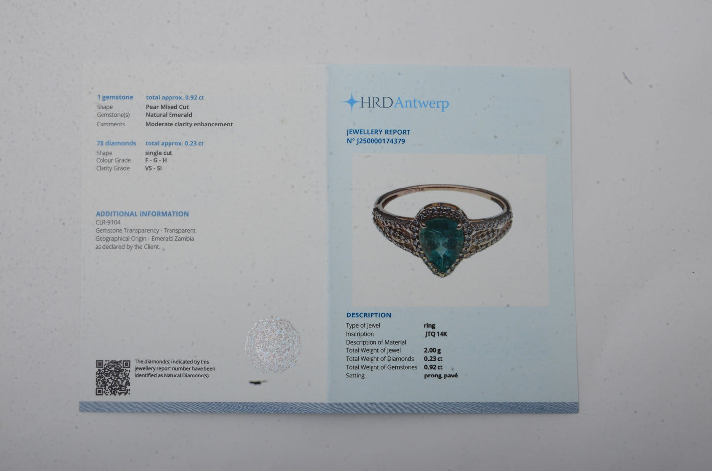 1.15 Ct Pear Mixed Cut Natural Emerald 14K Gold Ring