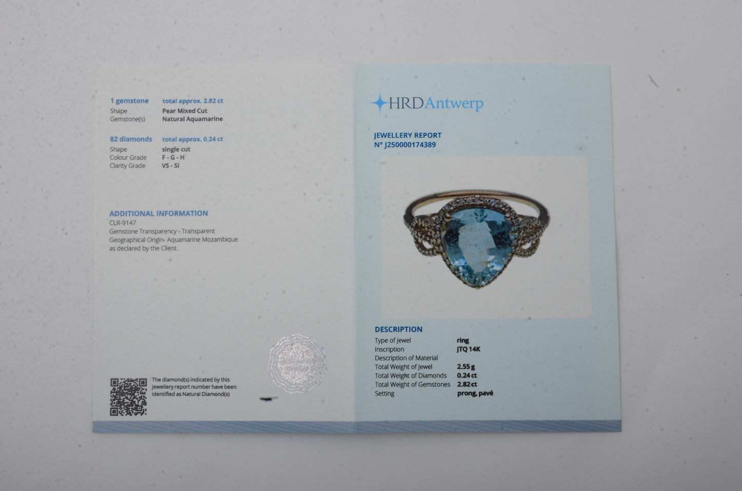 3.06 Ct Pear Mixed Cut Natural Aquamarine 14K Gold Ring