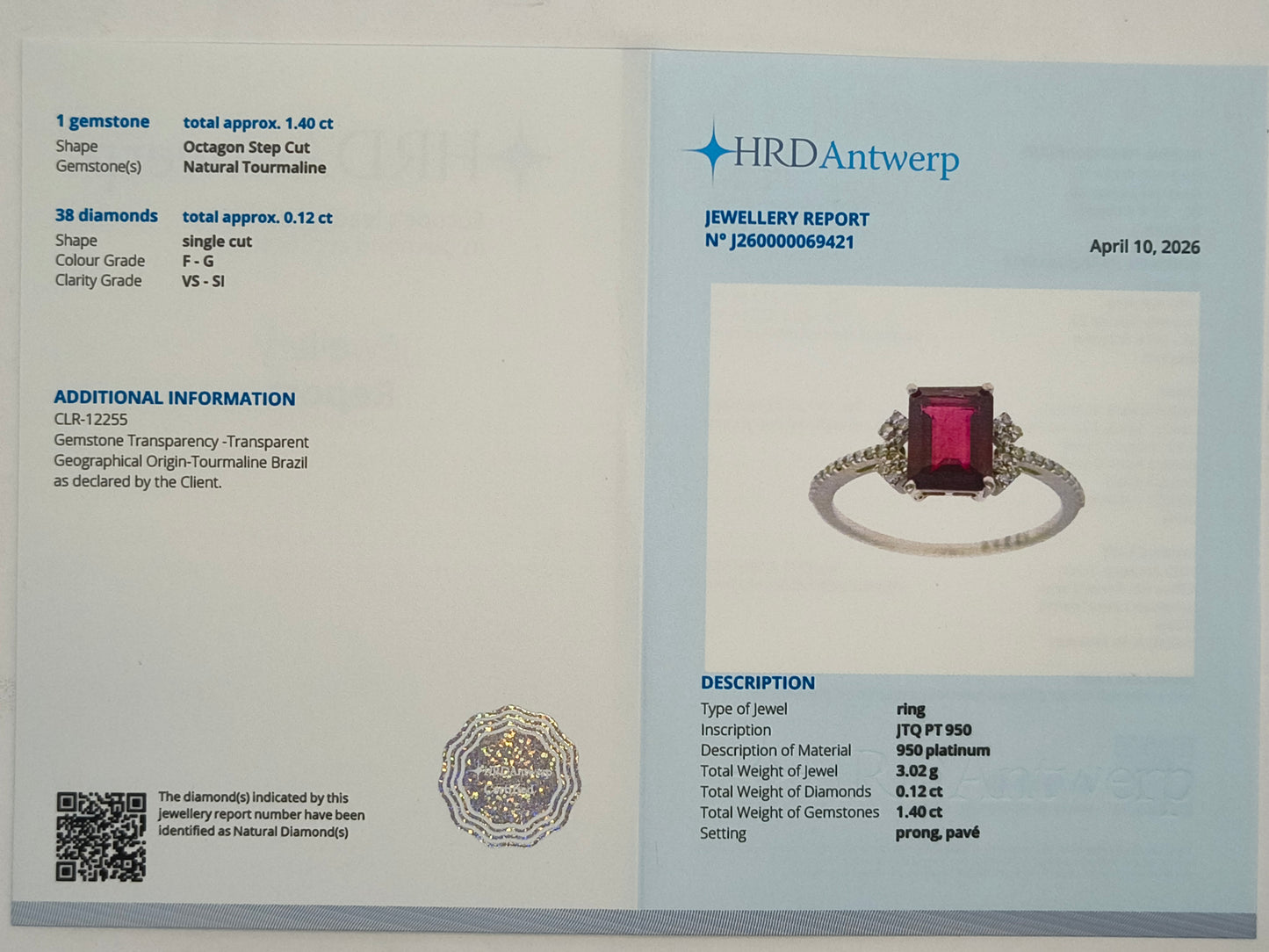 1.52 Ct Octagon Step Cut Natural Tourmaline 950 Platinum Ring