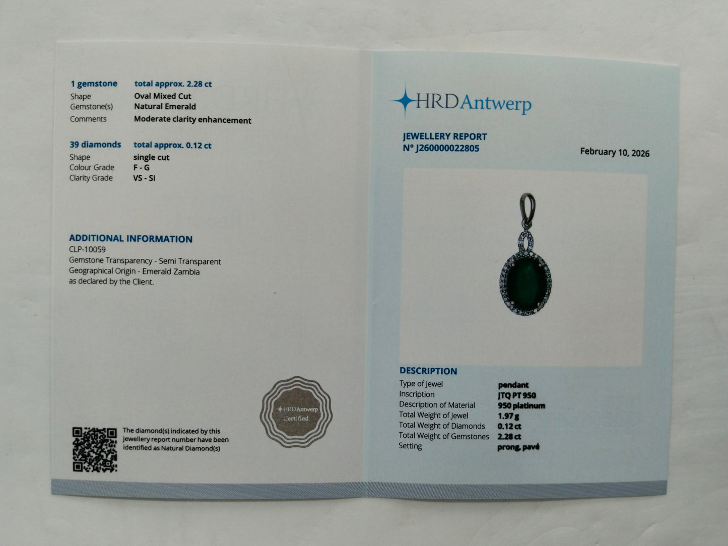 2.40 Ct Oval Mixed Cut Natural Emerald 950 Platinum Pendant
