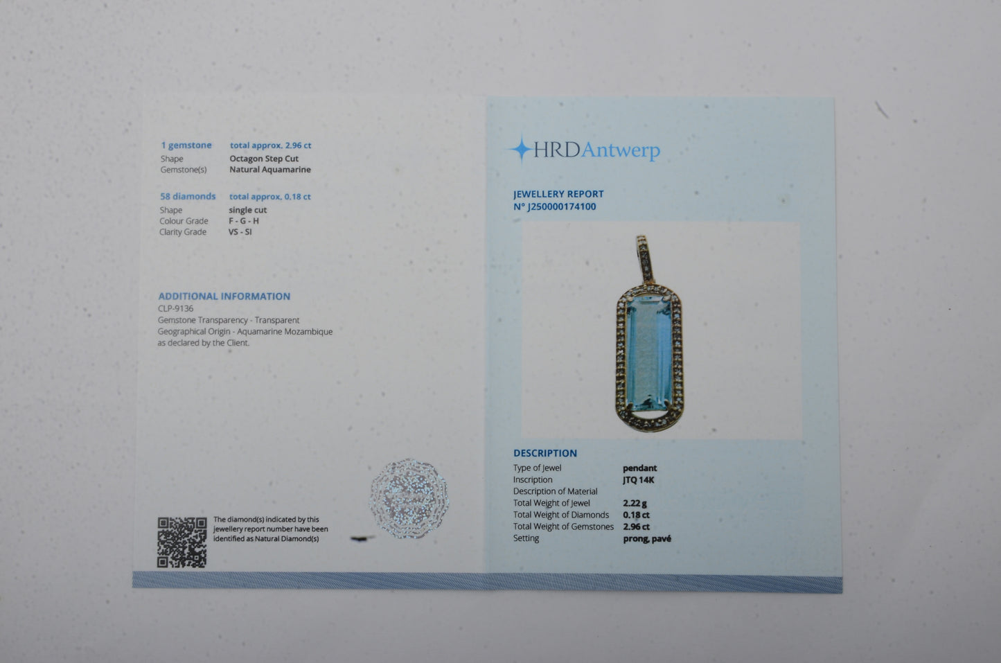 3.14 Ct Octagon Step Cut Natural Aquamarine 14K Gold Pendant