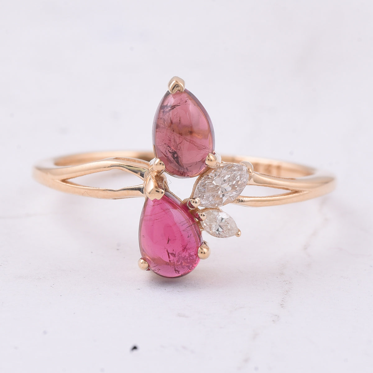 1.35 Ct Pear Cabochon Natural Pink Tourmaline 14K Gold Ring