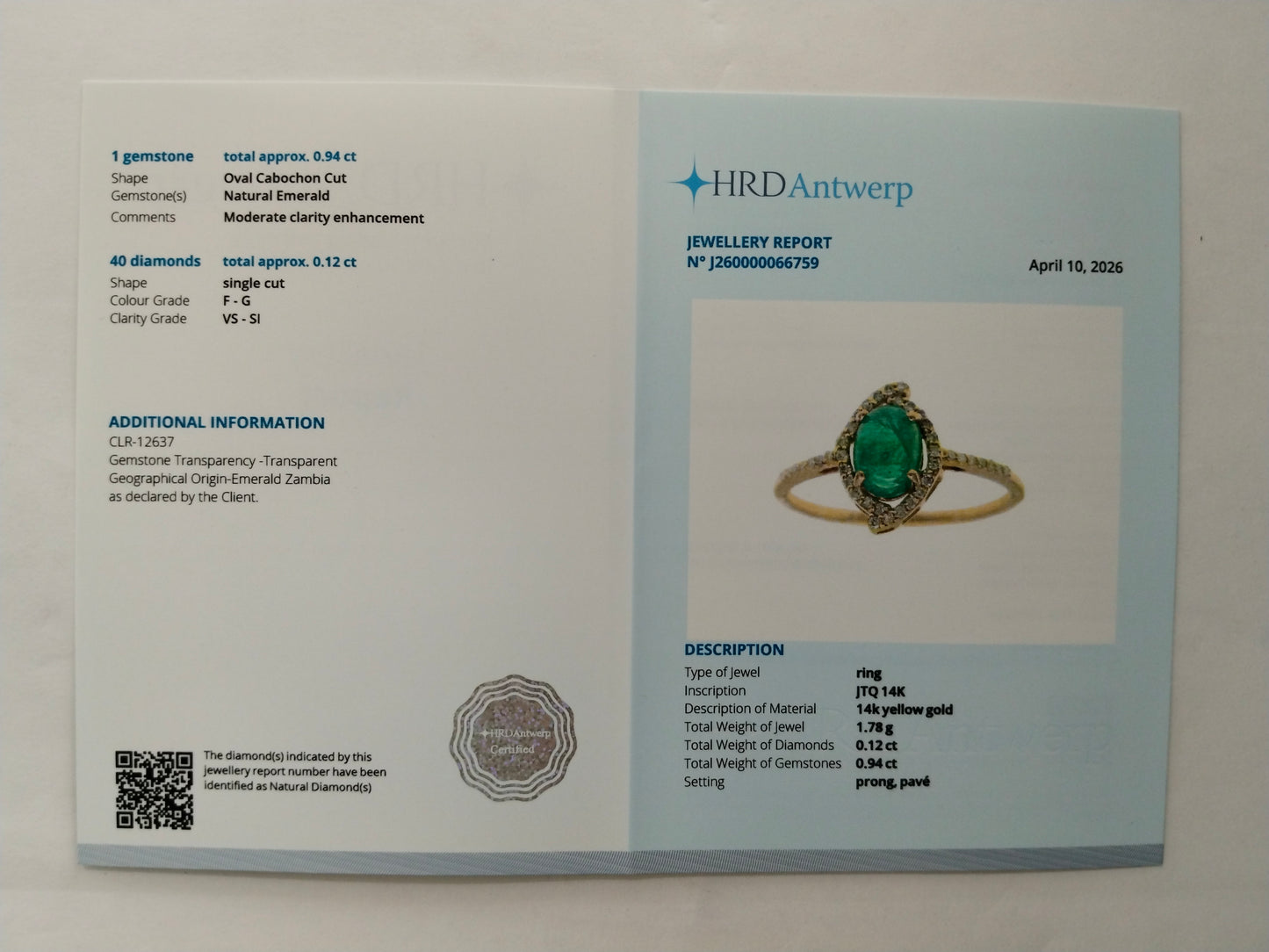 1.06 Ct Oval Cabochon Cut Natural Emerald 14K Gold Ring