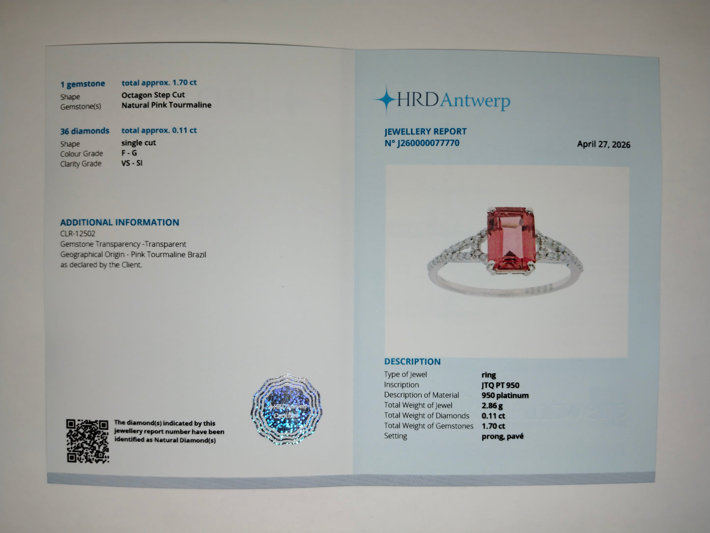 1.81 Ct Octagon Step Cut Natural Pink Tourmaline 950 Platinum Ring